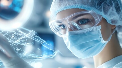 A healthcare professional wearing a mask and glasses, engaged in advanced technology in a modern medical environment.