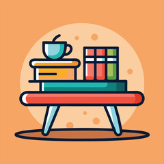 A colorful, minimalist illustration of a table with books, a mug, and a box on it.  