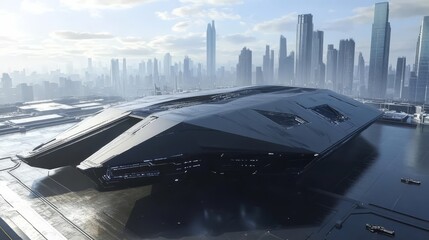 A sleek, black spaceship rests against the backdrop of a sprawling, futuristic cityscape, evoking a sense of wonder and anticipation.