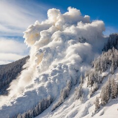 avalanche of snow in the mountains among the trees