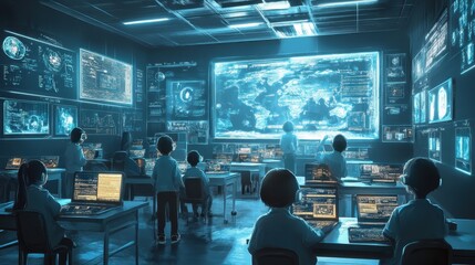 A futuristic classroom filled with innovative educational tools, including virtual reality and AI-driven lessons.