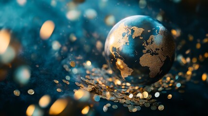 A globe with coins spinning around it in orbit, symbolizing the global economy," concept global economy