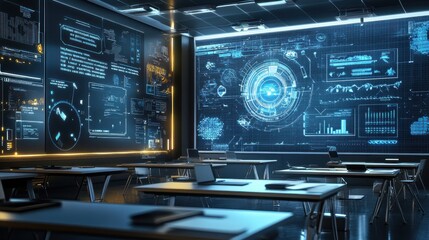 Fototapeta premium A futuristic classroom filled with innovative educational tools, including virtual reality and AI-driven lessons.