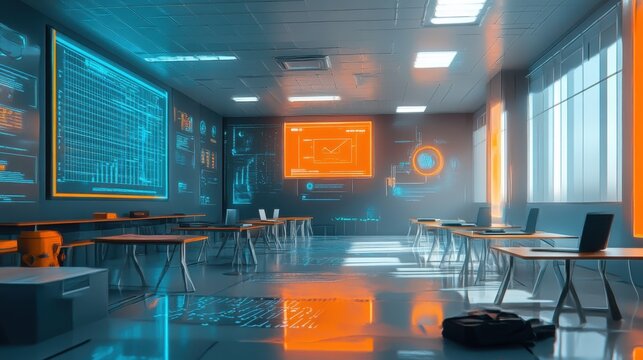 A futuristic classroom filled with innovative educational tools, including virtual reality and AI-driven lessons.