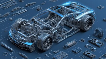 Fototapeta premium Exploded view in 3D blueprint, showcasing assembly details