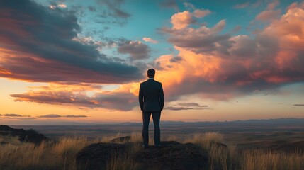 Wide view image of businessman standing under majestic sky. 