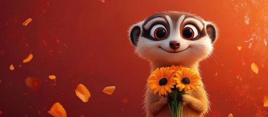 Fototapeta premium A cute meerkat holding a bouquet of sunflowers with falling petals in the background.