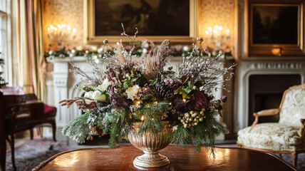 Christmas decor, country cottage style house decoration for an English countryside home interior design, winter wreath holiday botanical arrangements and festive atmosphere, Merry Christmas and Happy