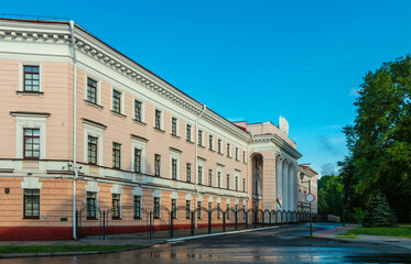 Old buildings of Gomel, built in the late 19th - early 20th centuries, which are under the protection of UNESCO on a quiet summer evening