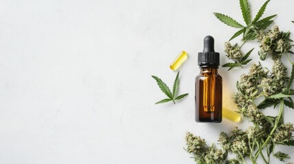 Fototapeta premium Cannabis buds placed on a plain white surface with a small CBD bottle, minimalistic arrangement focusing on simplicity.