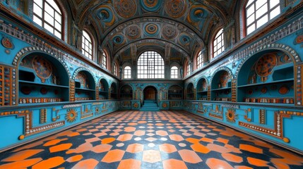 Obraz premium Ornate Interior of a Historic Building with Blue Walls Intricate Ceiling and Geometric Floor