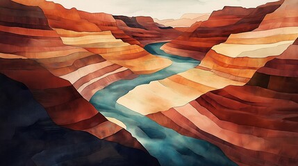 Watercolor Canyon River: A breathtaking, abstract watercolor painting captures the essence of a flowing river carving its path through a grand canyon. The layered hues of red, orange.