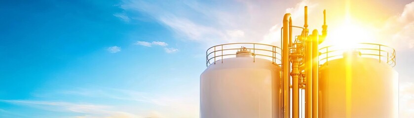 Obraz premium Water treatment plant with clear, structured tanks, open space, blue sky backdrop, vibrant sunlight highlighting the clarity and precision of the setup