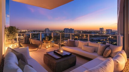 Fototapeta premium Chic urban balcony with a mix of modern decor, featuring cozy seating and ambient lighting, perfect for relaxation.