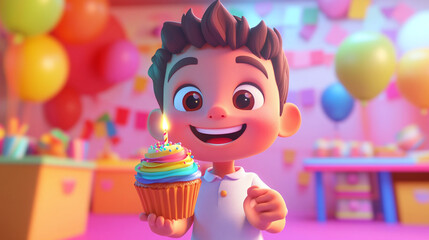 Fototapeta premium A cheerful kid with a big smile, holding a cupcake decorated with rainbow sprinkles and a lit candle, in a lively 3D cartoon-style setting with a party backdrop.