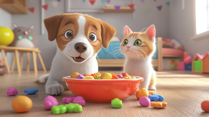 Obraz premium Adorable 3D render of a cute dog and cat sharing a bowl of treats, the dog looking surprised as the cat sneaks a snack, with colorful toys scattered around and a soft, homey background.