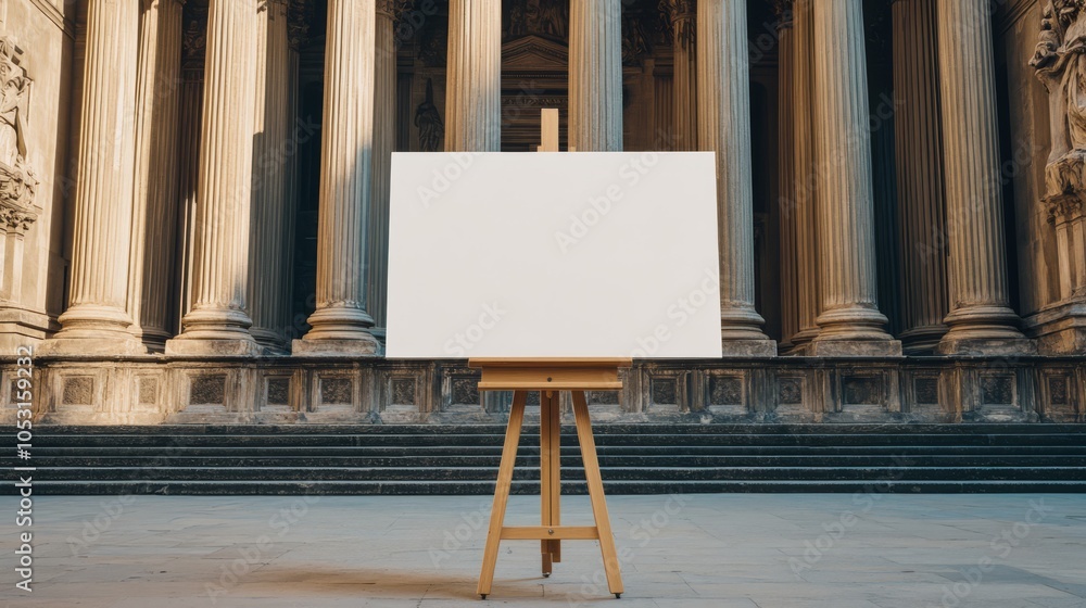 Poster blank canvas before columns: a pristine white canvas on a wooden easel stands majestically before a 