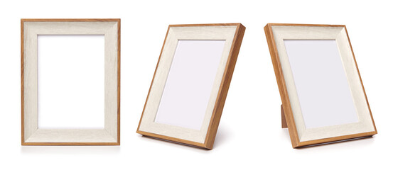 Desktop photo frame, Vertical standing brown wooden picture frame on white background,