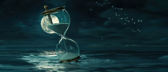 A glowing hourglass floats serenely on water, symbolizing the passage of time and reflection in a mystical dark environment.