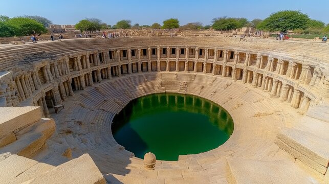 Ancient Stepwell Architecture in India Stone Structure Circular Well Green Water Historic Landmark