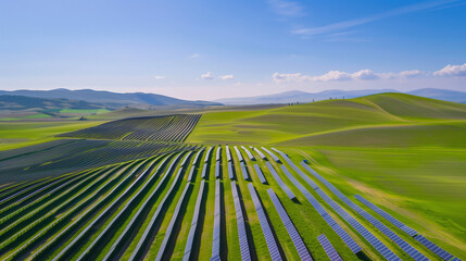 Solar photovoltaic electric panels, renewable energy concept, solar computing devices on vast grassland.