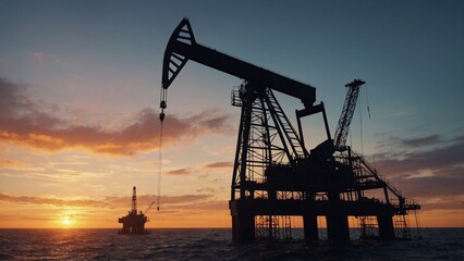Obraz premium Oil Rig Silhouette at Sunset An oil rig stands tall against a dramatic sunset symbolizing in. 