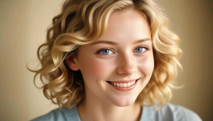 Naklejka premium A young Caucasian woman with short, wavy blonde hair and blue eyes, close up face.