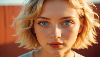 Naklejka premium A young Caucasian woman with short, wavy blonde hair and blue eyes, close up face.