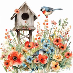 bird house and flowers