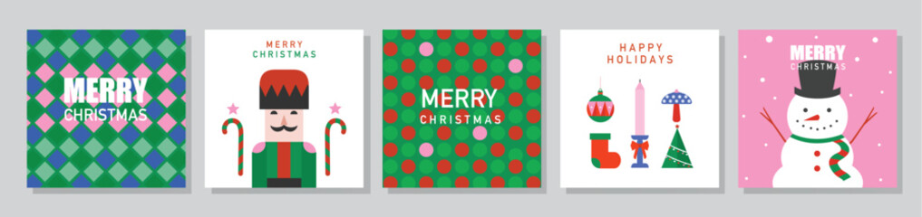 Merry Christmas and Happy New Year Set of greeting card, poster, holiday cover. Cute Xmas design,season greetings,Vector illustrations.
