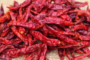 Background and texture of a pile of dried chilies or Capsicum annuum L, with close view.