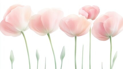 A row of pink flowers with green stems. The flowers are arranged in a line and are of varying heights.