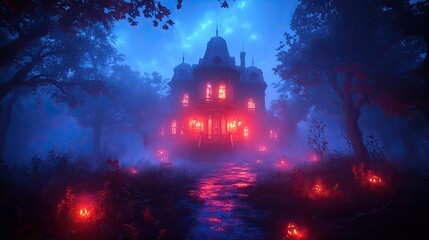 Fototapeta premium A spooky haunted house with glowing windows, a path, and pumpkins.