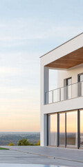 Modern house with a spacious balcony overlooking a sunset landscape in a tranquil setting