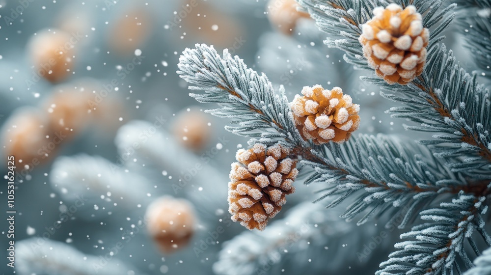 Poster close-up of pine cones on frosted branches with falling snow.
