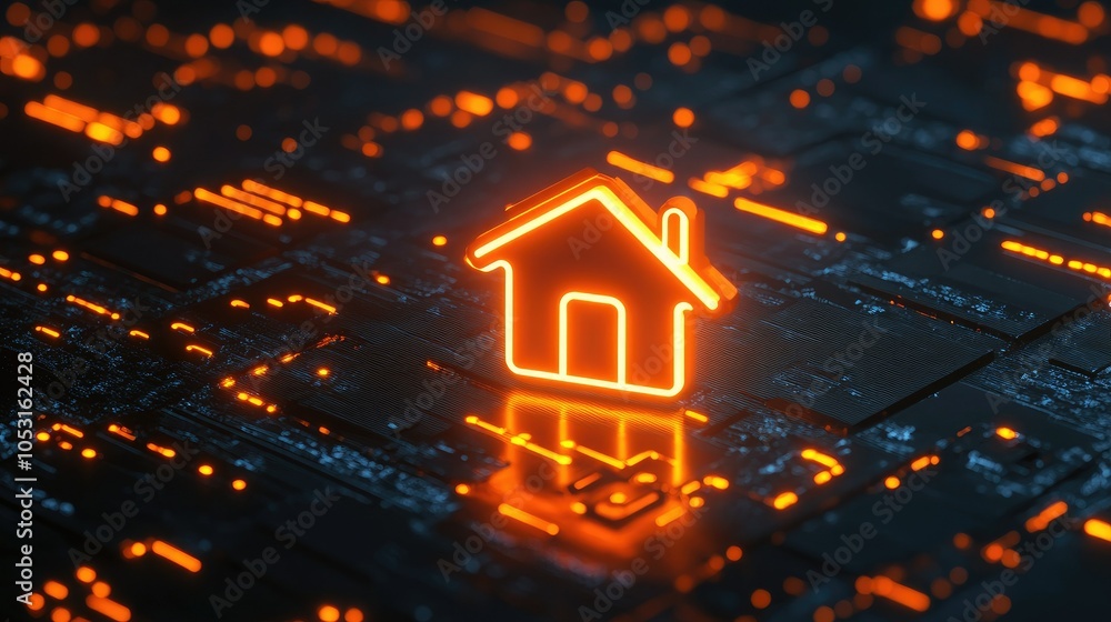 Poster futuristic neon orange smart home logo hovering on a glittering dark surface, representing home auto