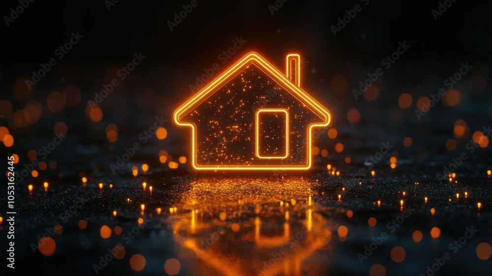 Poster futuristic neon orange smart home logo hovering on a glittering dark surface, representing home auto