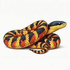 Obraz premium A snake with black, yellow, and orange scales. White background.