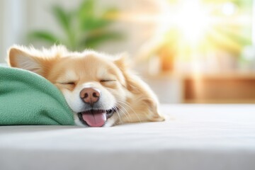 A peaceful dog sleeping soundly with a smile, basking in soft sunlight, creating a cozy atmosphere perfect for relaxation.