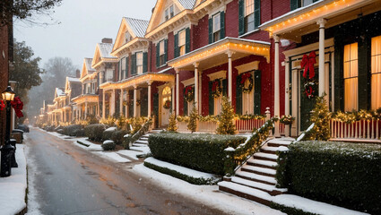 Obraz premium Old-Fashioned Holiday Street with Victorian-Style Houses