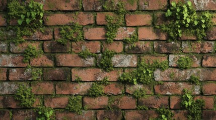 Fototapeta premium Mossy brick wall texture with small green moss patches and natural aging