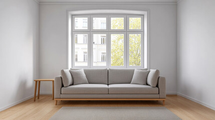 Fototapeta premium Cozy living room featuring a light gray sofa and large windows with a view of greenery outside