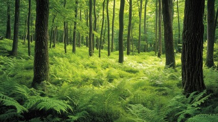 Obraz premium Lush bright green fern leaves blanket the ground in a forest, creating a vibrant scene that showcases the beauty of natural foliage.