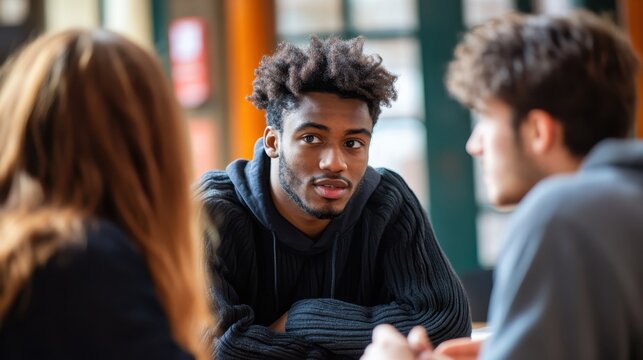 A diverse group of students discussing complex academic subjects in a university setting. - Powered by Adobe