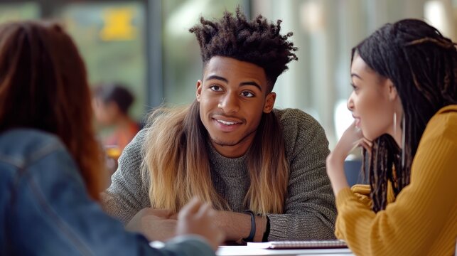 A diverse group of students discussing complex academic subjects in a university setting. - Powered by Adobe