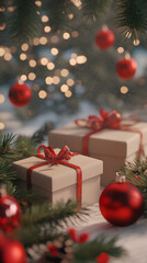3D holiday scene featuring gifts wrapped in brown paper, red ornaments, and pine
