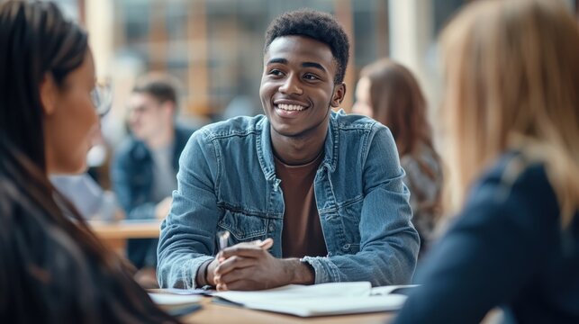 A diverse group of students discussing complex academic subjects in a university setting. - Powered by Adobe