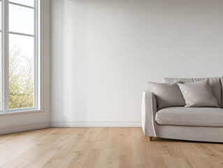 Cozy living room corner with a soft couch and natural light streaming through a large window