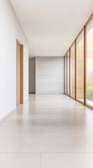 Obraz premium Bright and minimalistic hallway with large windows and wooden doors in modern interior design
