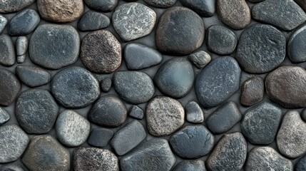 Patterned cobblestone surface with rounded stones in various shades of gray